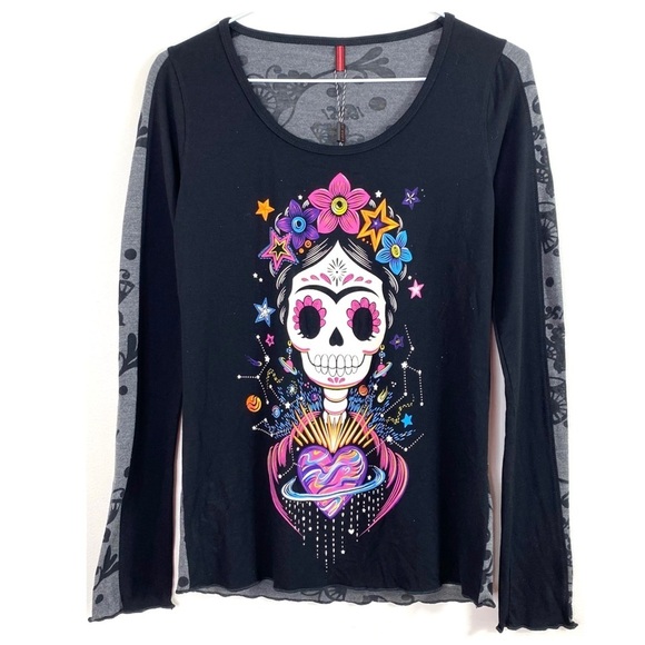AY Guey Mexicans Skull Print Sheer Long-sleeve Shirt Black Size S New with Tags - Picture 2 of 8